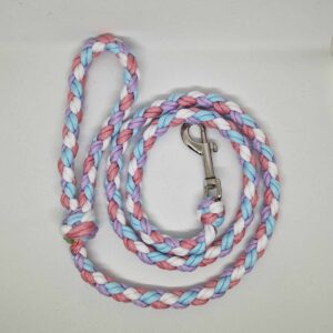 Laisse paracorde violet rose bleu blanc fabriqué à la main par Boulipote and co en France