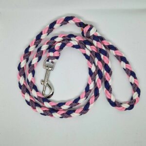 Laisse paracorde bleu marine rose et blanc fabriqué à la main par Boulipote and co en France