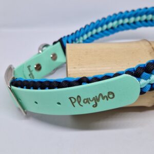Collier personnalisé au prénom du chien Playmo. Fabriqué par Boulipote and co.