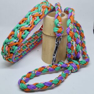 Ensemble de laisse et collier assortie fabriqué à la main et en France. Type de tressage pour le collier en mystique. Couleur violet, orange, vert d'eau