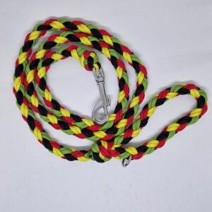 Laisse fabriqué à la main en France, dans les couleurs noir, rouge, vert et jaune.