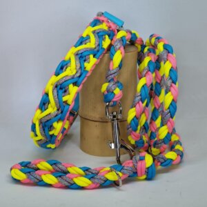 Ensemble collier et laisse assortis, tressés à la main en paracorde résistante. Un duo coloré, original et solide, conçu pour allier style, confort et sécurité lors des balades. Chaque création est unique, réalisée avec soin dans un esprit artisanal et personnalisé.
