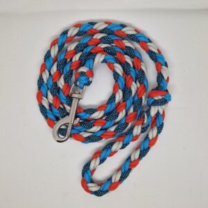 Laisse tressée à la main en paracorde, robuste et stylée Ses nuances de bleu rouge et gris offrent un look dynamique, idéal pour les promenades pleines d’aventure ! Confort, solidité et design réunis dans une création artisanale unique.